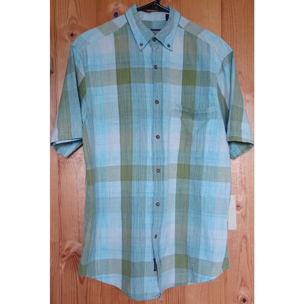 Wolverine Men's Size Medium 100% Cotton Button Down Shirt Blue Green Plaid - Picture 2 of 6
